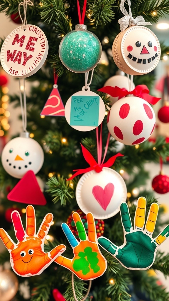 A collection of colorful handmade Christmas ornaments by kindergarteners, including paper plates and construction paper shapes.